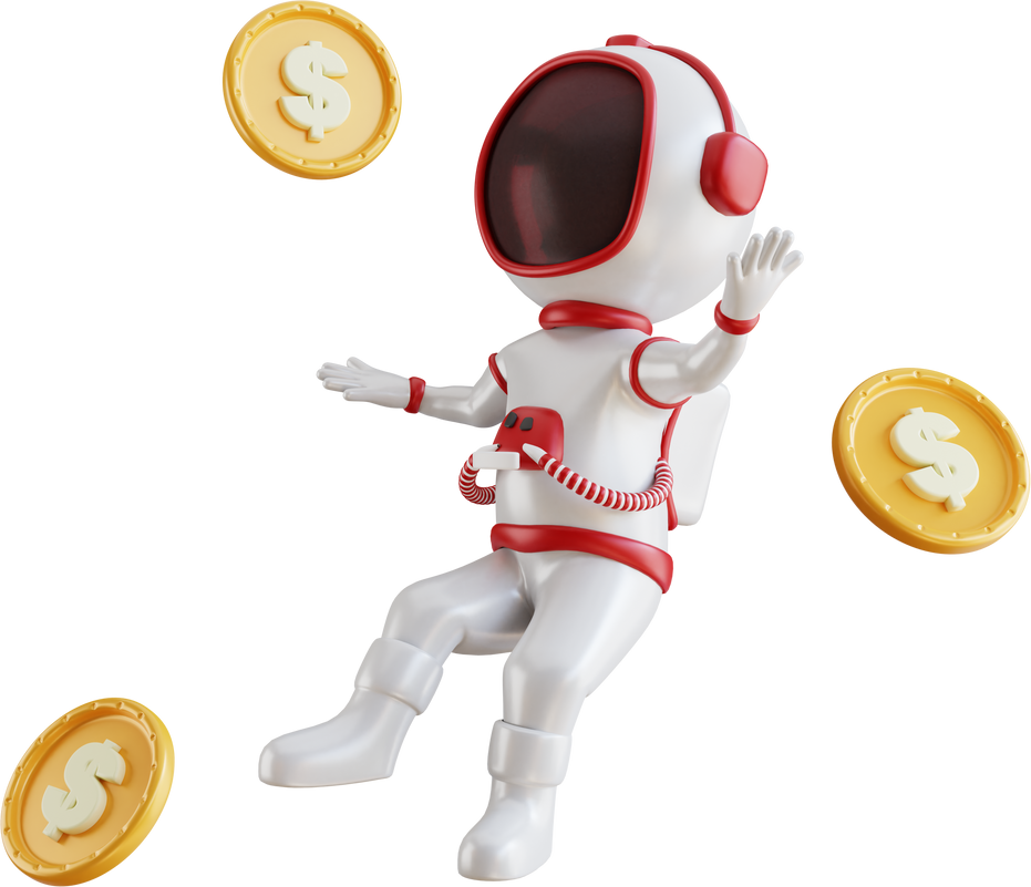 3d cute astronaut character with dollar coins illustration